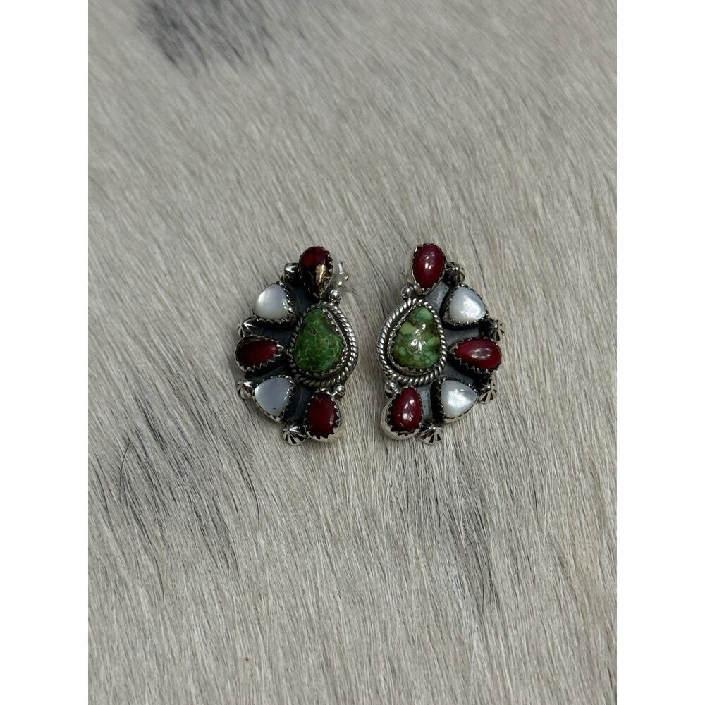 Sterling Silver Sonoran Gold Turquoise Red Dahlia Mother Pearl Cluster Earrings - Picture 2 of 13